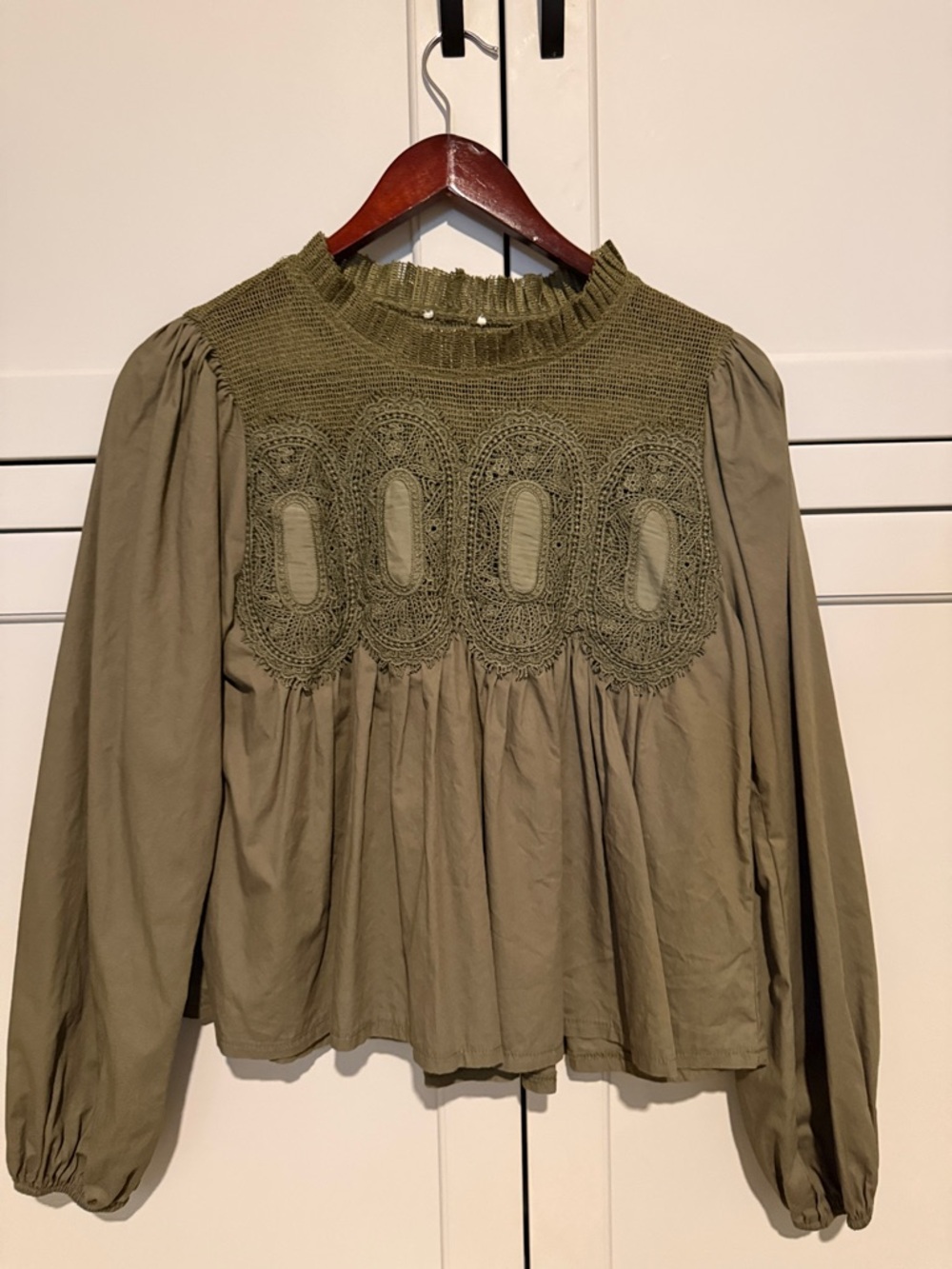 Women's Olive Crochet Yoke Blouse